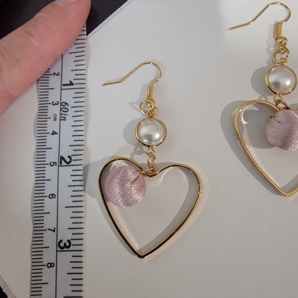 Gold Heart Earrings with Pearl and Pink Accents - Picture 6 of 6